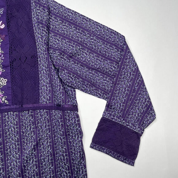 Vtg Mainstreet Blues Embroidered Purple Cotton Blend Button Blouse Size L Lace - Picture 6 of 9